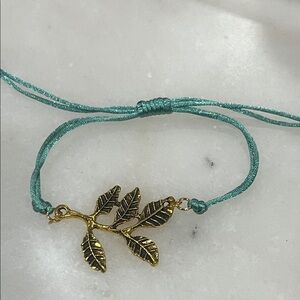 Teal Cord Bracelet with Gold Leaf Charm
